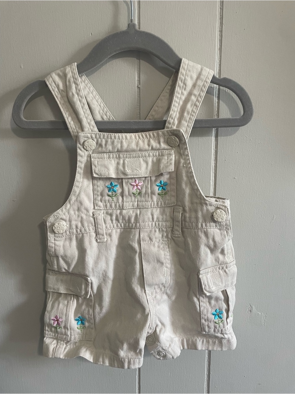 Cream Floral Embroidered Short Overalls for Kids - Comfortable Playtime Romper